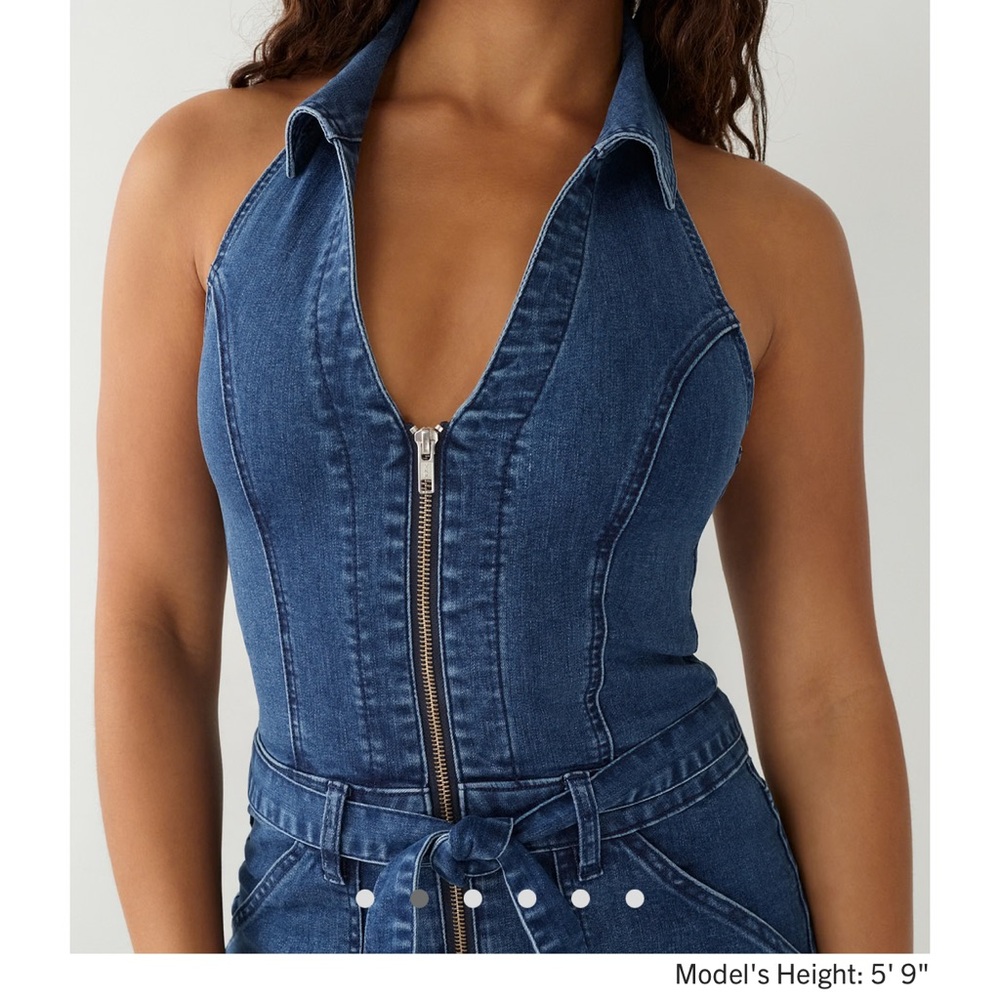 True Religion Denim Halter Jumpsuit XL BRAND NEW Zip Up Sexy Stretch NWT - Picture 2 of 8